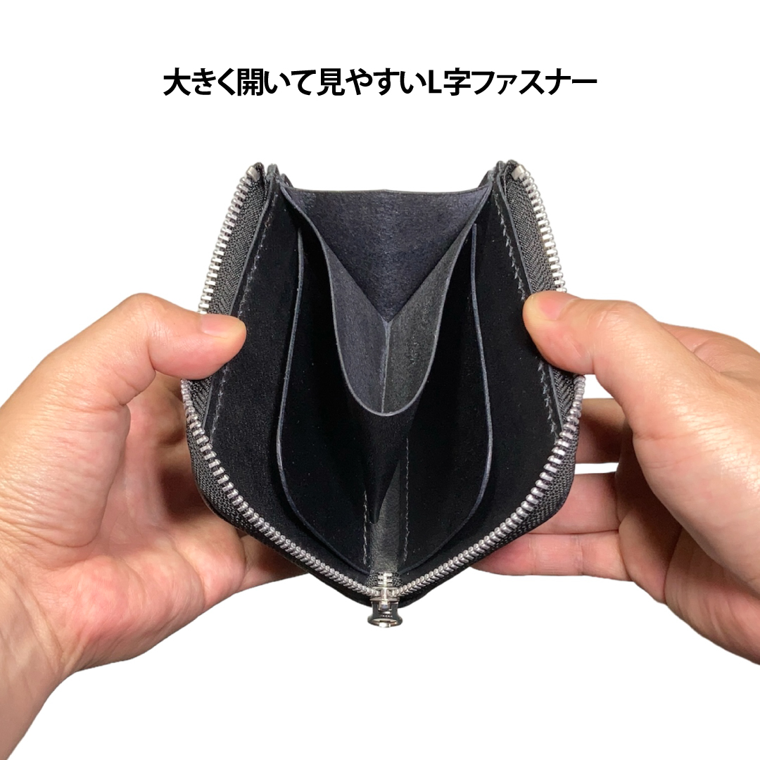 L字ファスナー財布 岡山デニムと国産本革 手縫いコンパクトウォレット 開いた状態