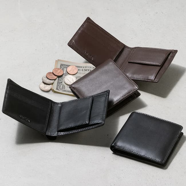 本革 ゴートレザー 隠しポケット付 スリム 二つ折り財布｜MURAより