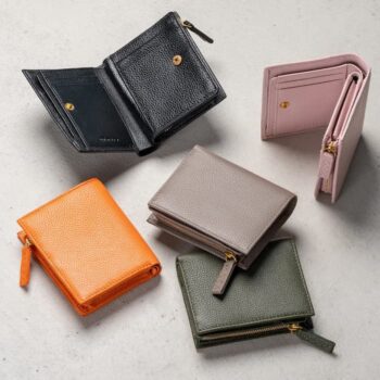 牛革 シュリンクレザー ゴールドファスナー ボタン閉じ 二つ折り財布|MURAより