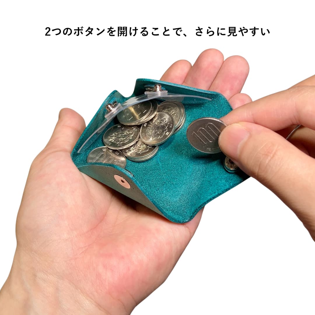 本革とクリアPVCのコインケース イタリア産マヤレザー使用のハンドメイド財布 開いた状態